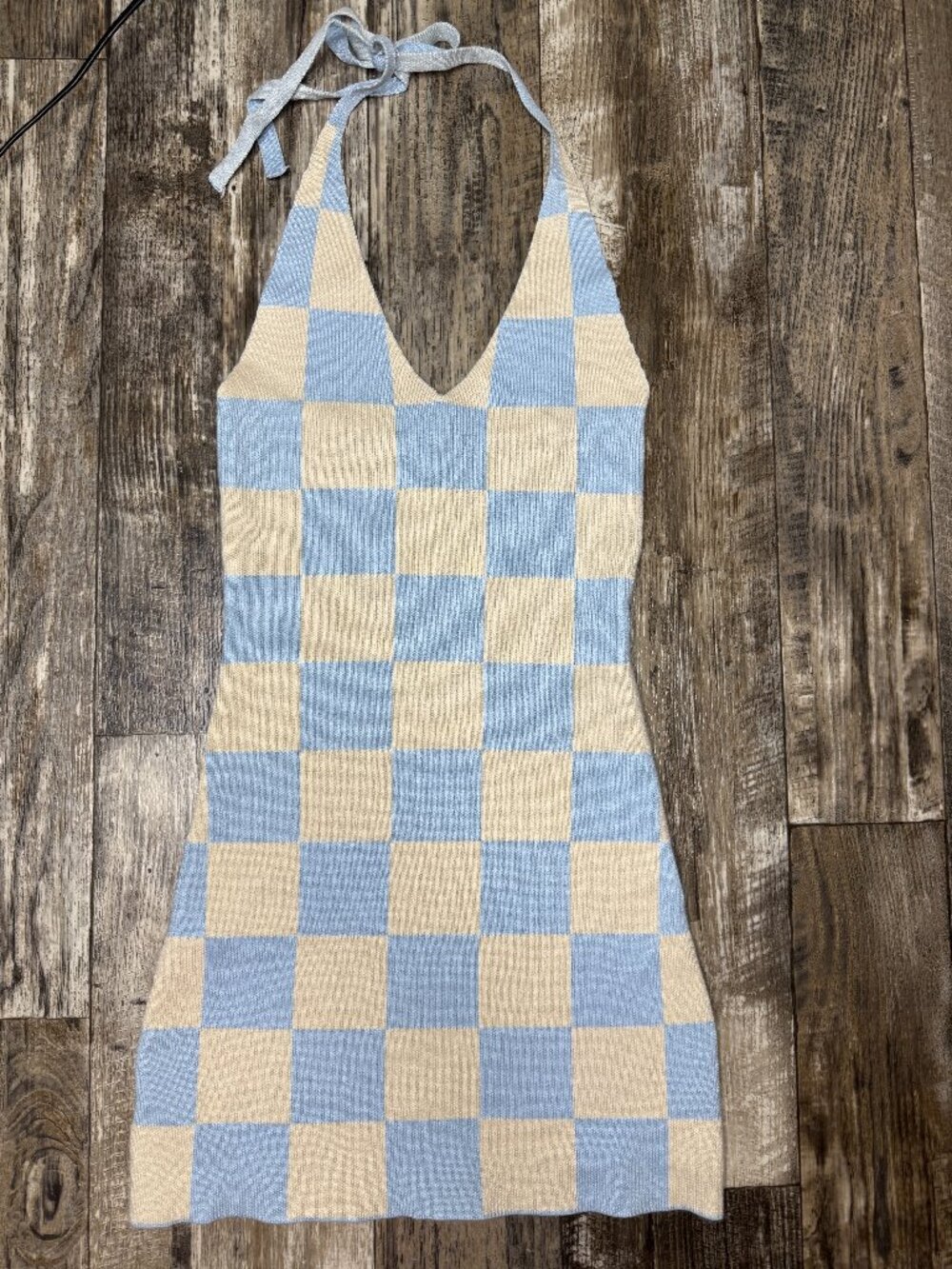 Peppermayo Blue Cream Checkerboard Halter Mini Dress Knit Open Back S/M